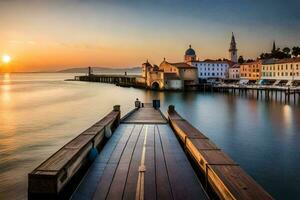 the sun sets over a pier in a harbor. AI-Generated photo