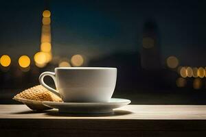 coffee cup and a waffle on a wooden table. AI-Generated photo