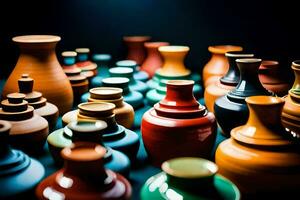 many colorful vases are sitting on a table. AI-Generated photo