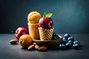 Tres hielo crema conos con Fruta y nueces. generado por ai foto