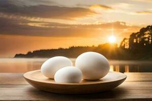three eggs in a bowl on a wooden table. AI-Generated photo