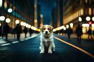 a dog sitting on the street at night. AI-Generated photo