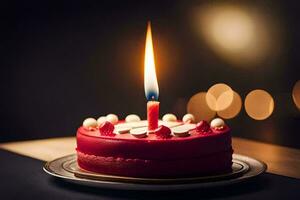 un rojo cumpleaños pastel con un iluminado vela. generado por ai foto