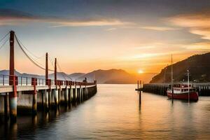 un barco es atracado a un muelle a puesta de sol. generado por ai foto