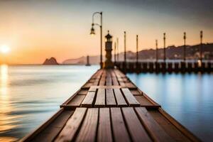 a wooden pier with a lighthouse at sunset. AI-Generated photo