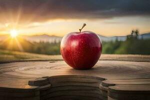 an apple sits on top of a wooden table with the sun setting behind it. AI-Generated photo