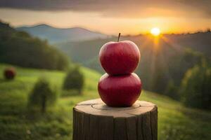 two apples on top of a stump in front of a sunset. AI-Generated photo