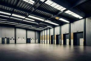 an empty warehouse with doors and windows. AI-Generated photo