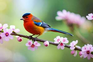 a colorful bird sits on a branch with pink flowers. AI-Generated photo