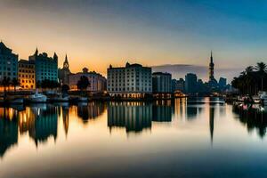 the city skyline is reflected in the water at sunset. AI-Generated photo