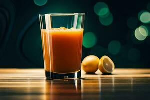 a glass of orange juice on a table. AI-Generated photo