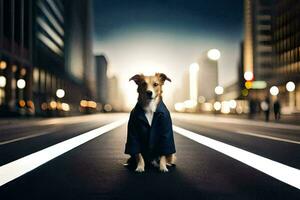 a dog in a suit standing on the street. AI-Generated photo