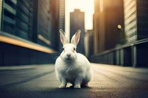 a white rabbit is standing in the middle of a city street. AI-Generated photo