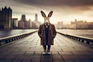 a rabbit wearing a coat and tie standing on a bridge. AI-Generated photo