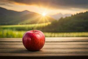an apple sits on a wooden table in front of a field. AI-Generated photo