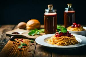 spaghetti with cherry sauce and bread on a wooden table. AI-Generated photo