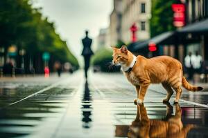 a cat walking on a wet street in the rain. AI-Generated photo