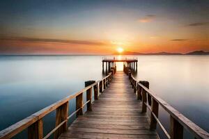 un de madera muelle extensión dentro el Oceano a puesta de sol. generado por ai foto