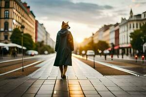 a dog walking down a street at sunset. AI-Generated photo