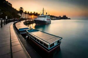 a boat is docked at the end of a pier at sunset. AI-Generated photo