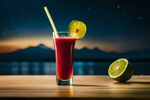 a glass of red juice with a lime slice on the table. AI-Generated photo