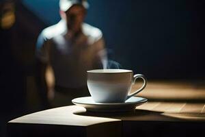 a man is standing in front of a coffee cup. AI-Generated photo