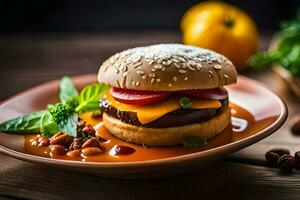 a hamburger with cheese and tomatoes on a plate. AI-Generated photo