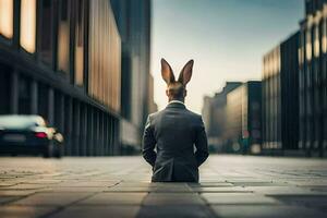 un hombre en un traje con Conejo orejas sentado en el suelo. generado por ai foto
