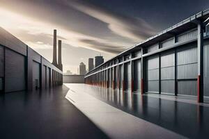 a long empty warehouse with a city skyline in the background. AI-Generated photo