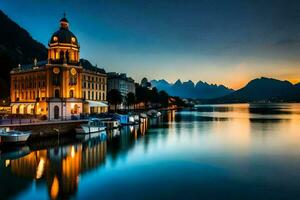 un hermosa puesta de sol terminado un lago con un edificio en el primer plano. generado por ai foto