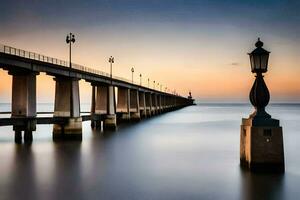 a long exposure photograph of a pier at sunset. AI-Generated photo