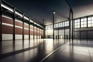 an empty warehouse with large windows and a large door. AI-Generated photo