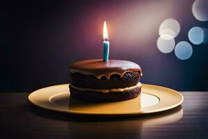 a chocolate cake with a single candle on top. AI-Generated photo