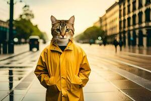 a cat wearing a yellow raincoat on a city street. AI-Generated photo