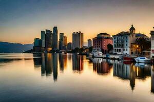 el ciudad horizonte es reflejado en el agua a puesta de sol. generado por ai foto