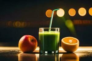 a glass of green juice with an orange and an apple. AI-Generated photo