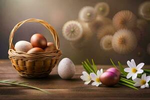 easter eggs in a basket. AI-Generated photo