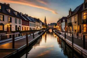 a canal in a city at sunset with buildings and a church. AI-Generated photo