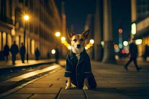 a dog in a suit sitting on the sidewalk at night. AI-Generated photo