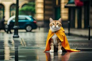 a cat wearing a yellow raincoat on a rainy day. AI-Generated photo