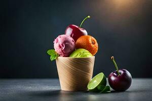 ice cream in a cup with cherries and lime. AI-Generated photo