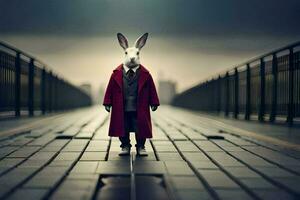 a rabbit wearing a red coat and standing on a bridge. AI-Generated photo