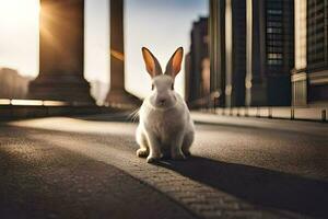 a rabbit sitting on the street in front of tall buildings. AI-Generated photo