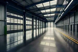 an empty warehouse with a large window. AI-Generated photo