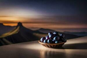 a basket of grapes on a table in front of a mountain. AI-Generated photo