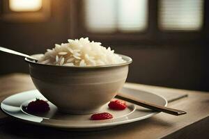 rice in a bowl with chopsticks and strawberries. AI-Generated photo