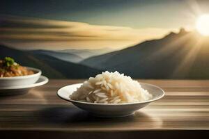 el arroz es servido en un cuenco con un plato de vegetales y un cuenco de agua. generado por ai foto