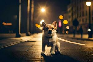 un pequeño perro en pie en el calle a noche. generado por ai foto