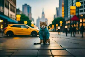 a cat in a blue jacket sitting on the street. AI-Generated photo