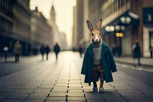 a rabbit wearing a coat and standing on a street. AI-Generated photo